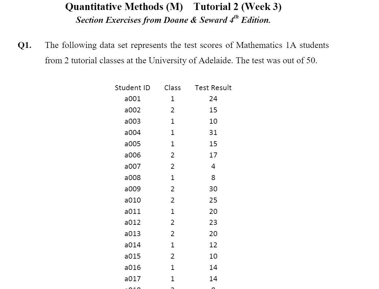  Quantitative Methods (M) Tutorial 2 (Week 3) Section Exercises from Doane