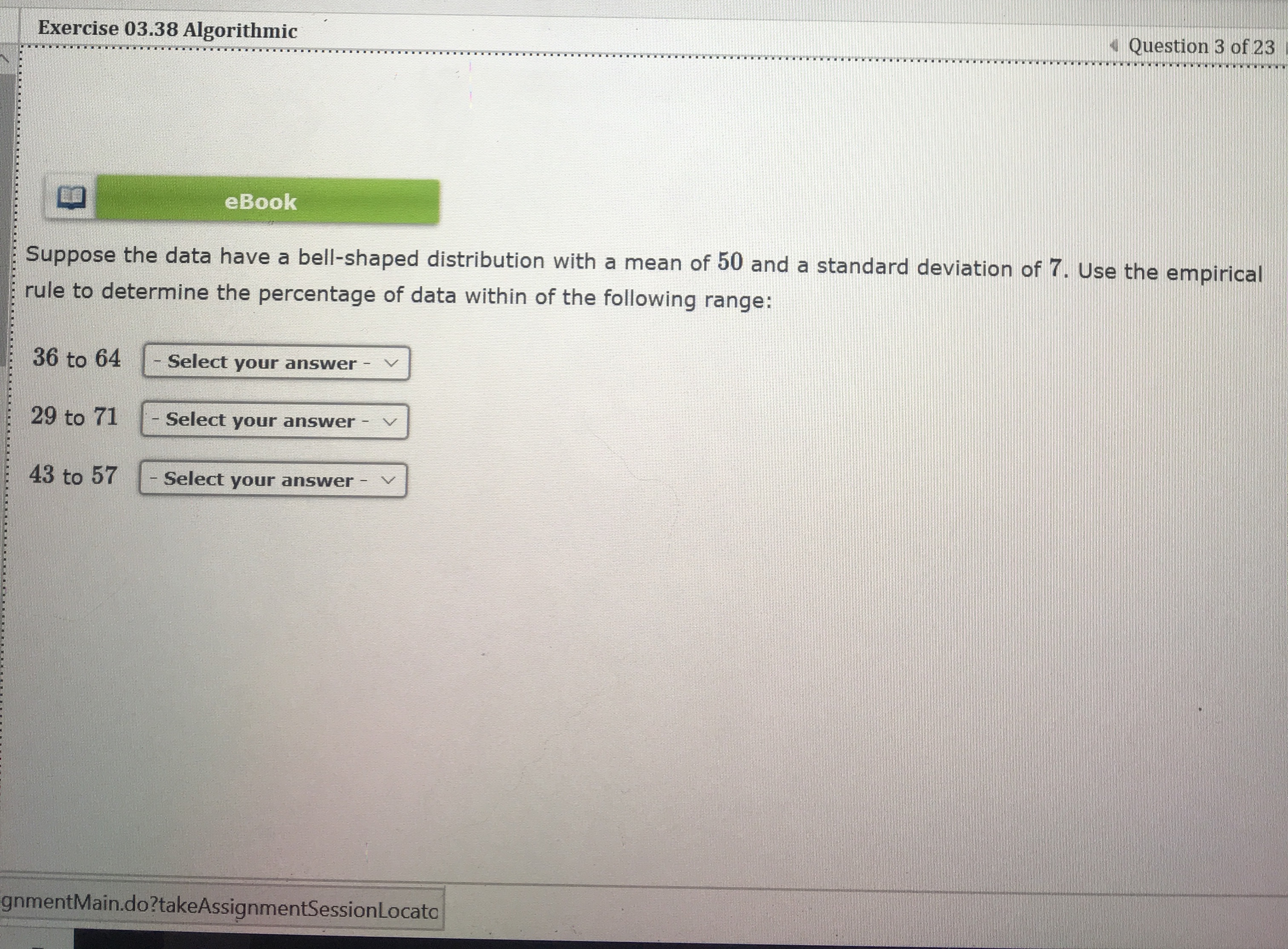 Statistics and probability Exercise 03.38 Algorithmic Question 3 of 23 eBook Suppose