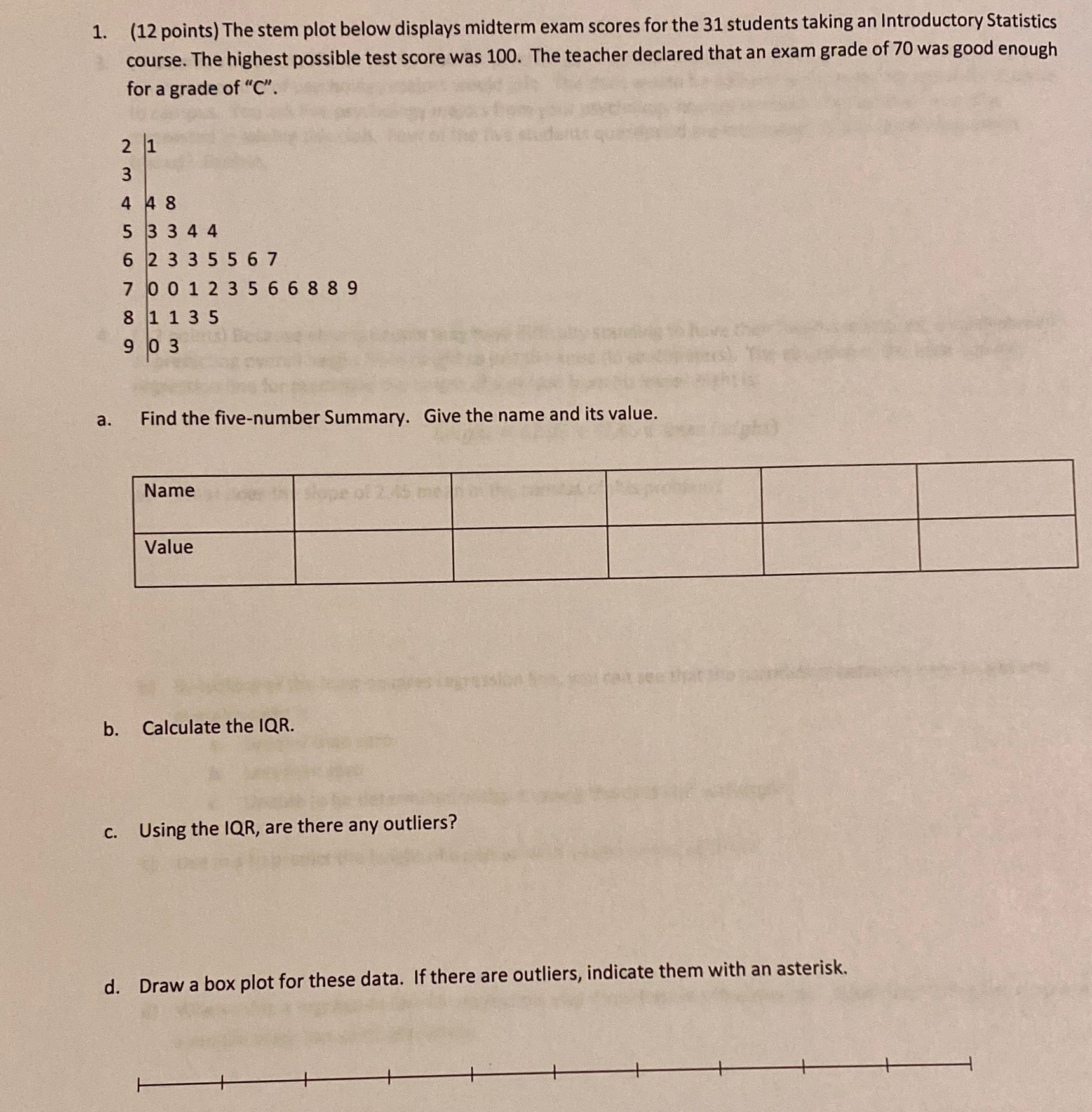  1. (12 points) The stem plot below displays midterm exam scores