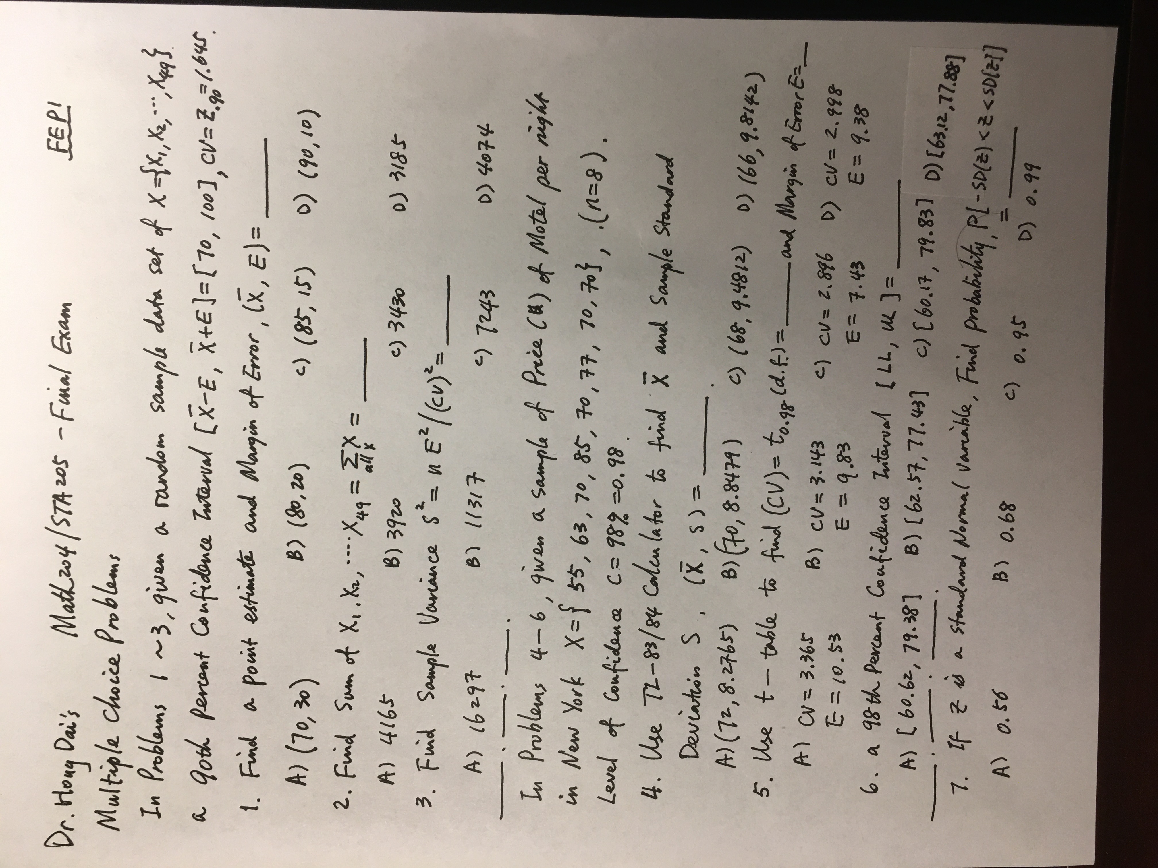 Need help on Proability and Statistics final Practice #1-26 I don't know