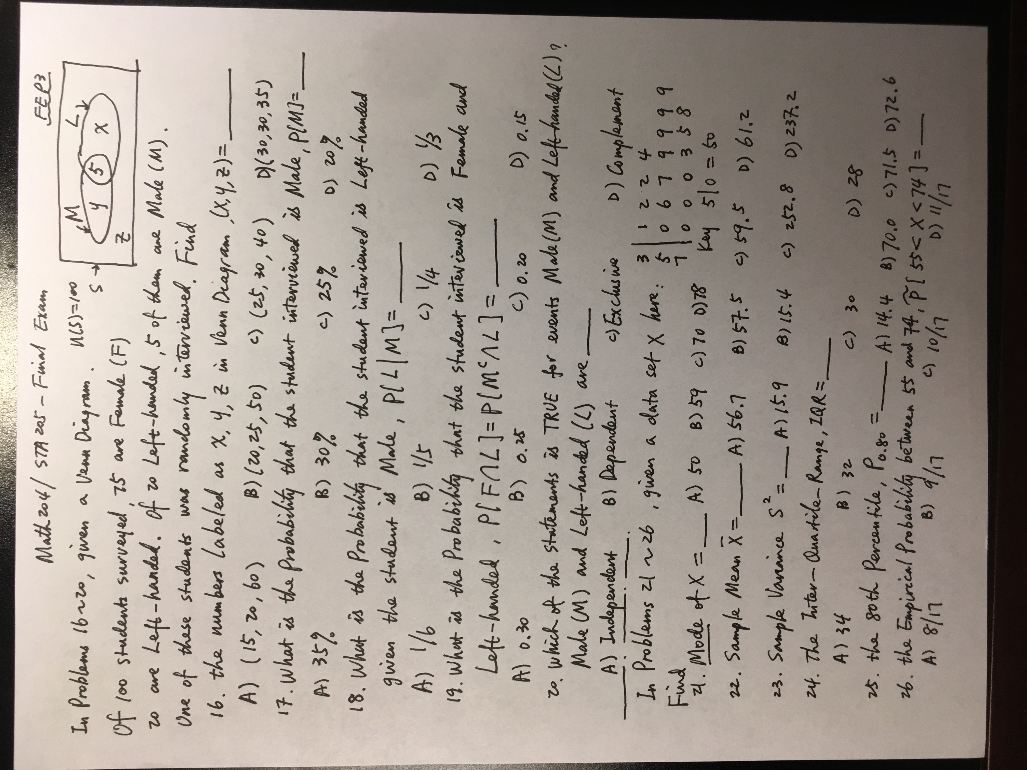 Dr. Hong Dai's Math 204 / STA 205 - Final Exam FEPI