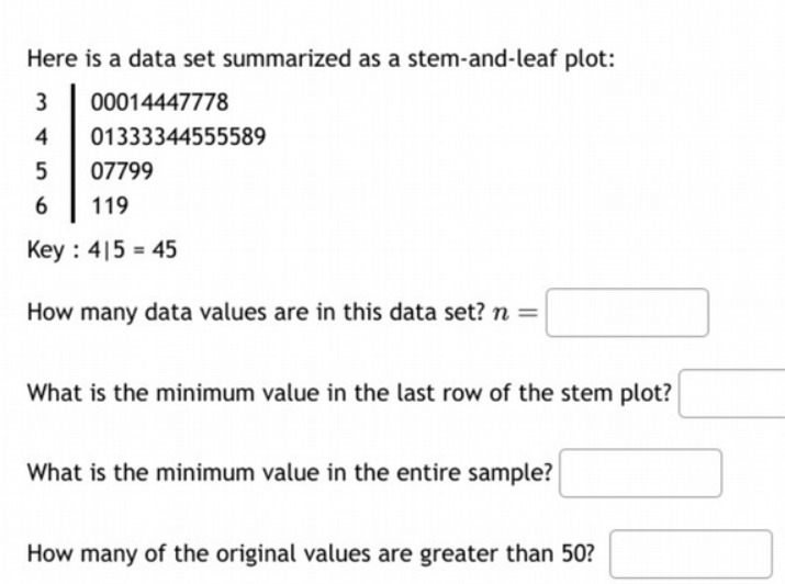  Here is a data set summarized as a stem-and-leaf plot: 3
