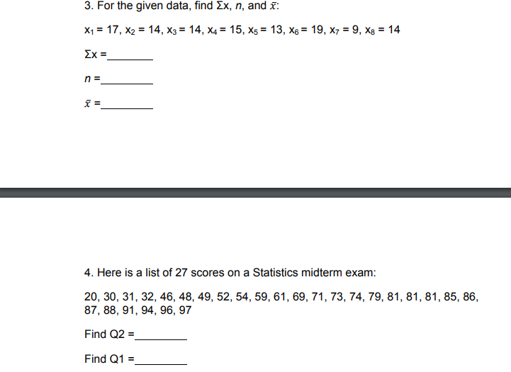 Please help with these two questions: 3. For the given data, find
