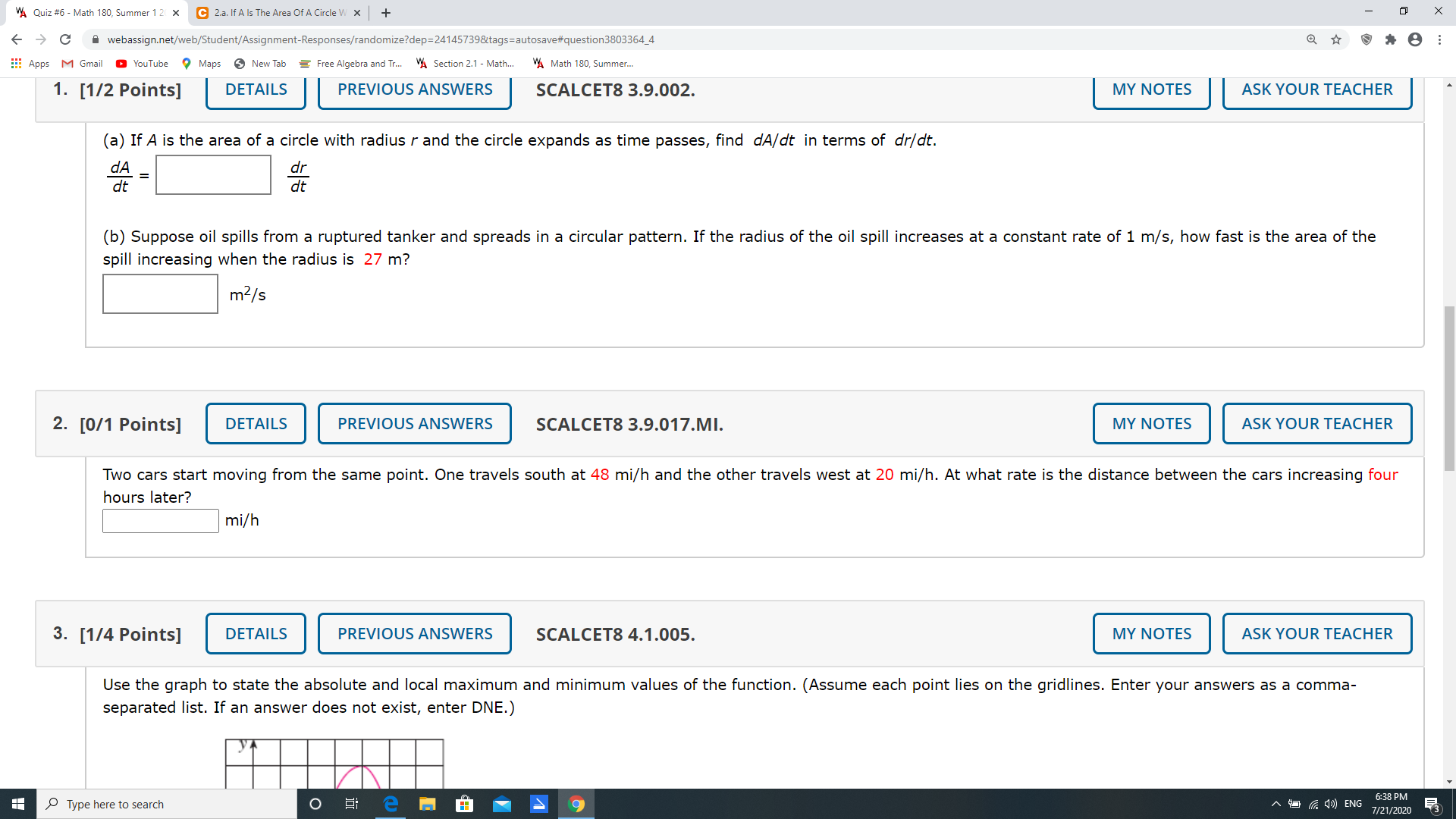 calculus problems VA Quiz #6 - Math 180, Summer 1 2( x