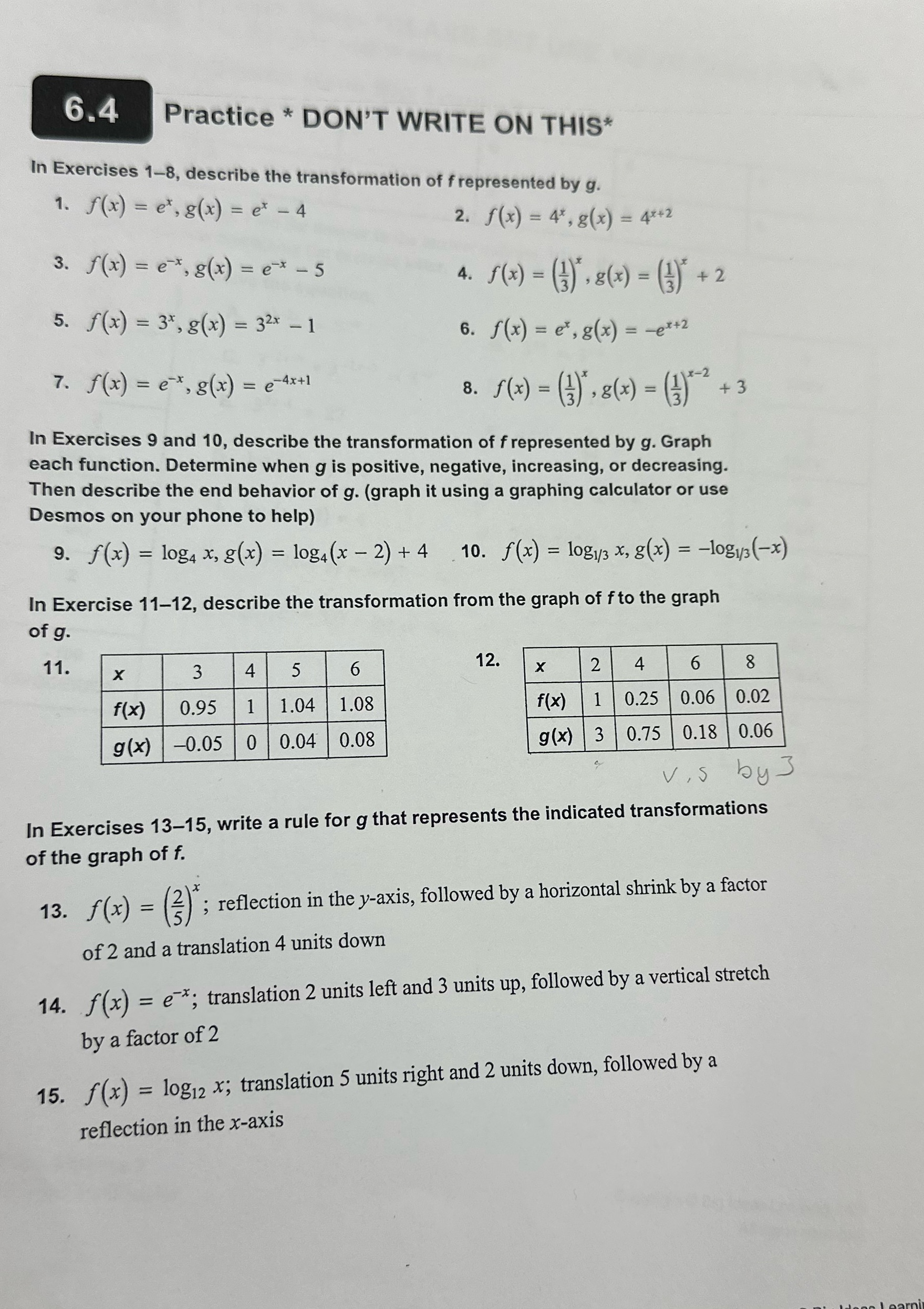  6.4 Practice * DON'T WRITE ON THIS* In Exercises 1-8, describe