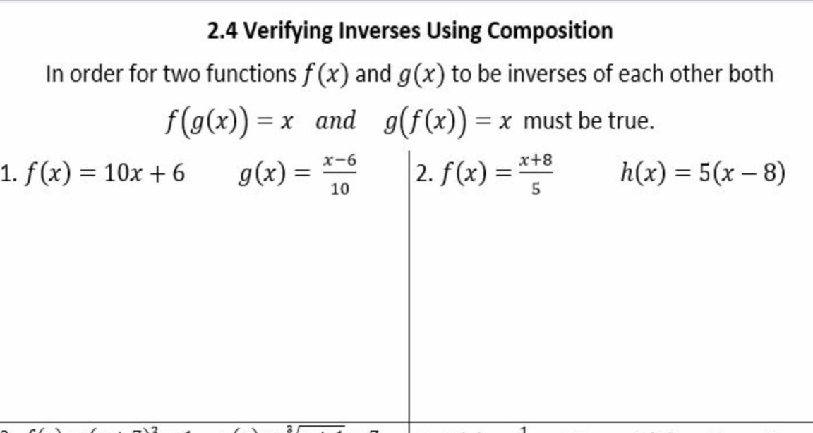  2.4 Verifying Inverses Using Composition In order for two functions f