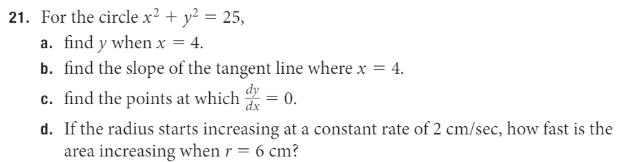 21. For the circle x2 + y2 = 25, a. find