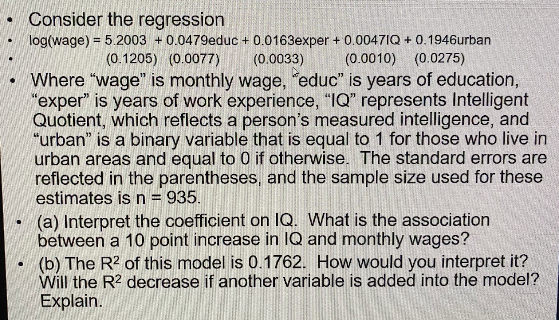 Hi,can anyone help me with this question? . Consider the regression .