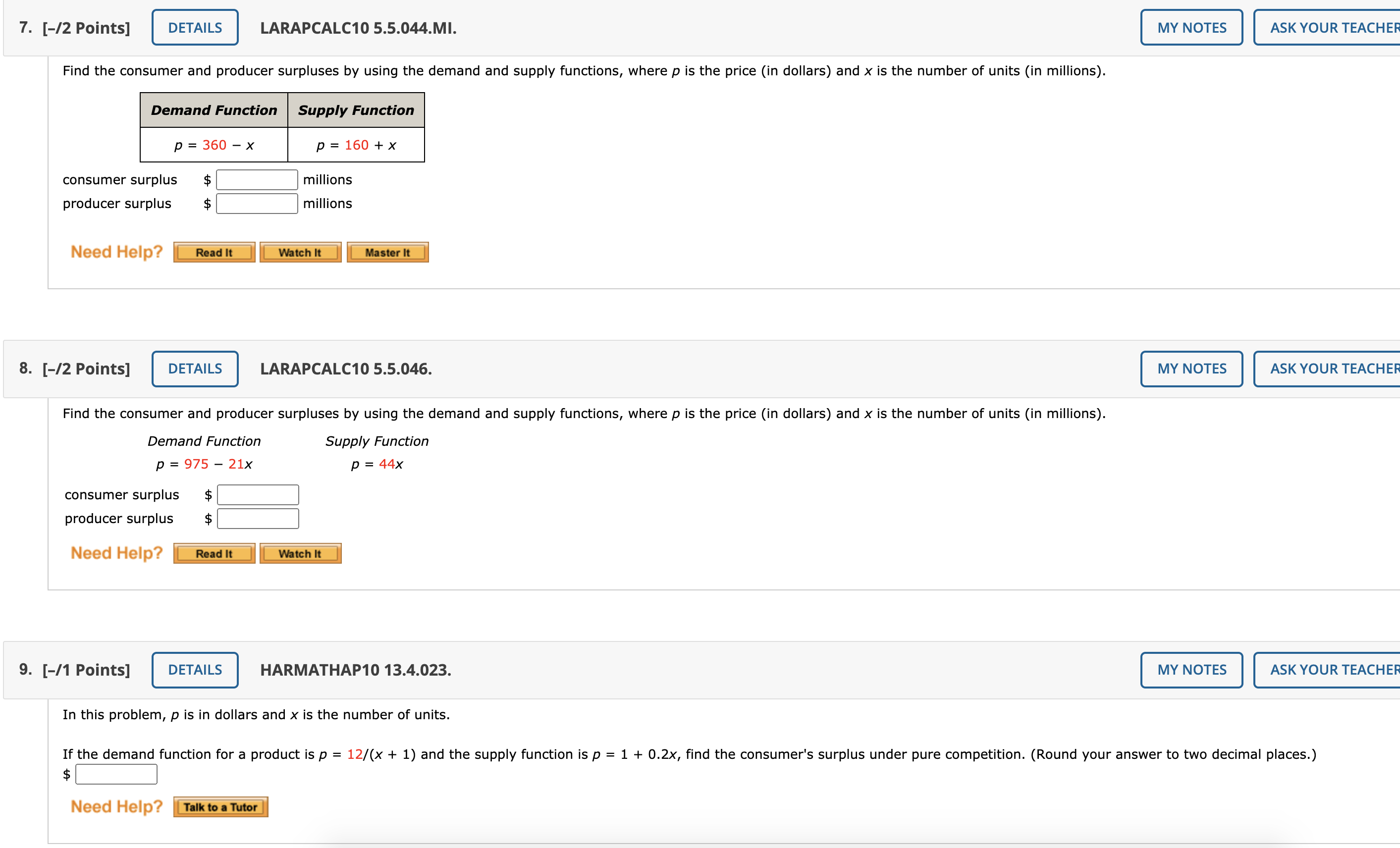 please help answer 7. [-/2 Points] LARAPCALC10 5.5.044.MI. ASK YOUR TEACH ER