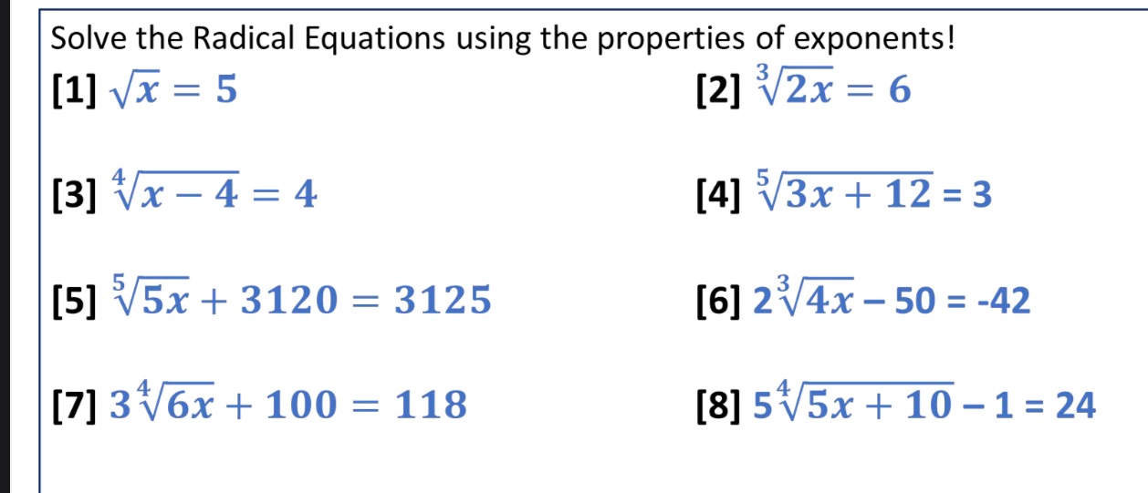 solve all and show work ! Solve the Radical Equations using the