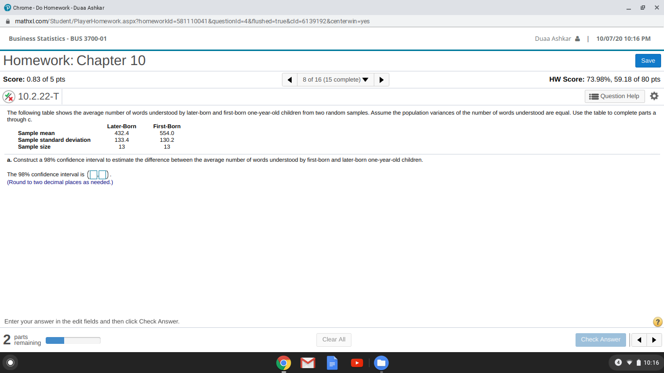 a. Construct a 98% confidence interval to estimate the difference between the