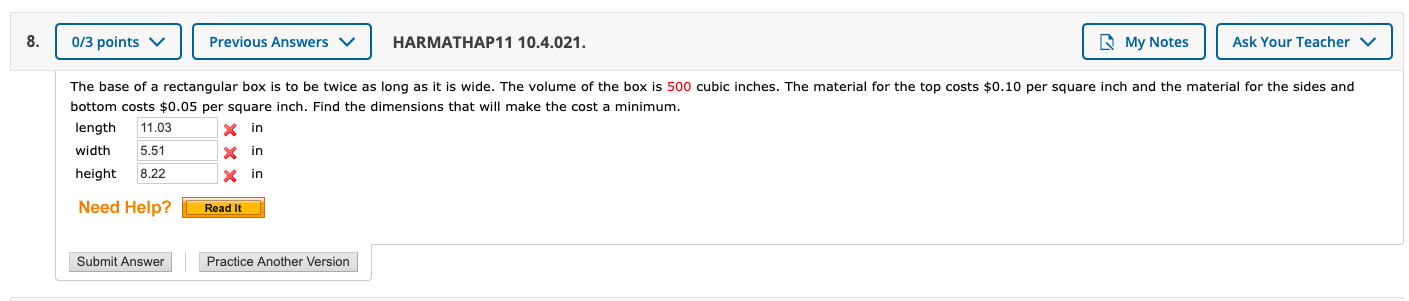 I need help finding the dimensions that will cost the least. 8.