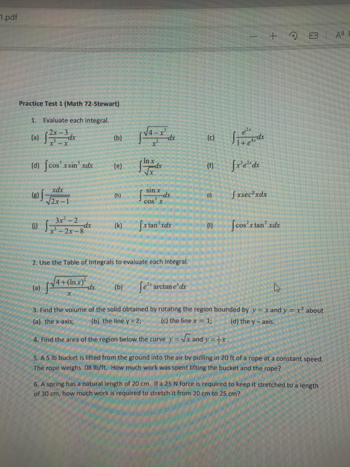  1.pdf Practice Test 1 (Math 72-Stewart) 1. Evaluate each integral. (a)