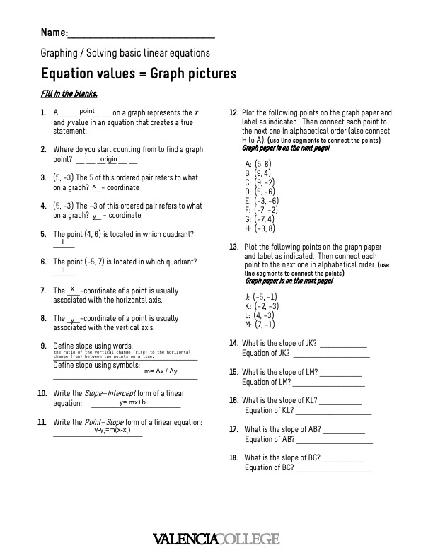  Name: Graphing / Solving basic linear equations Equation values = Graph