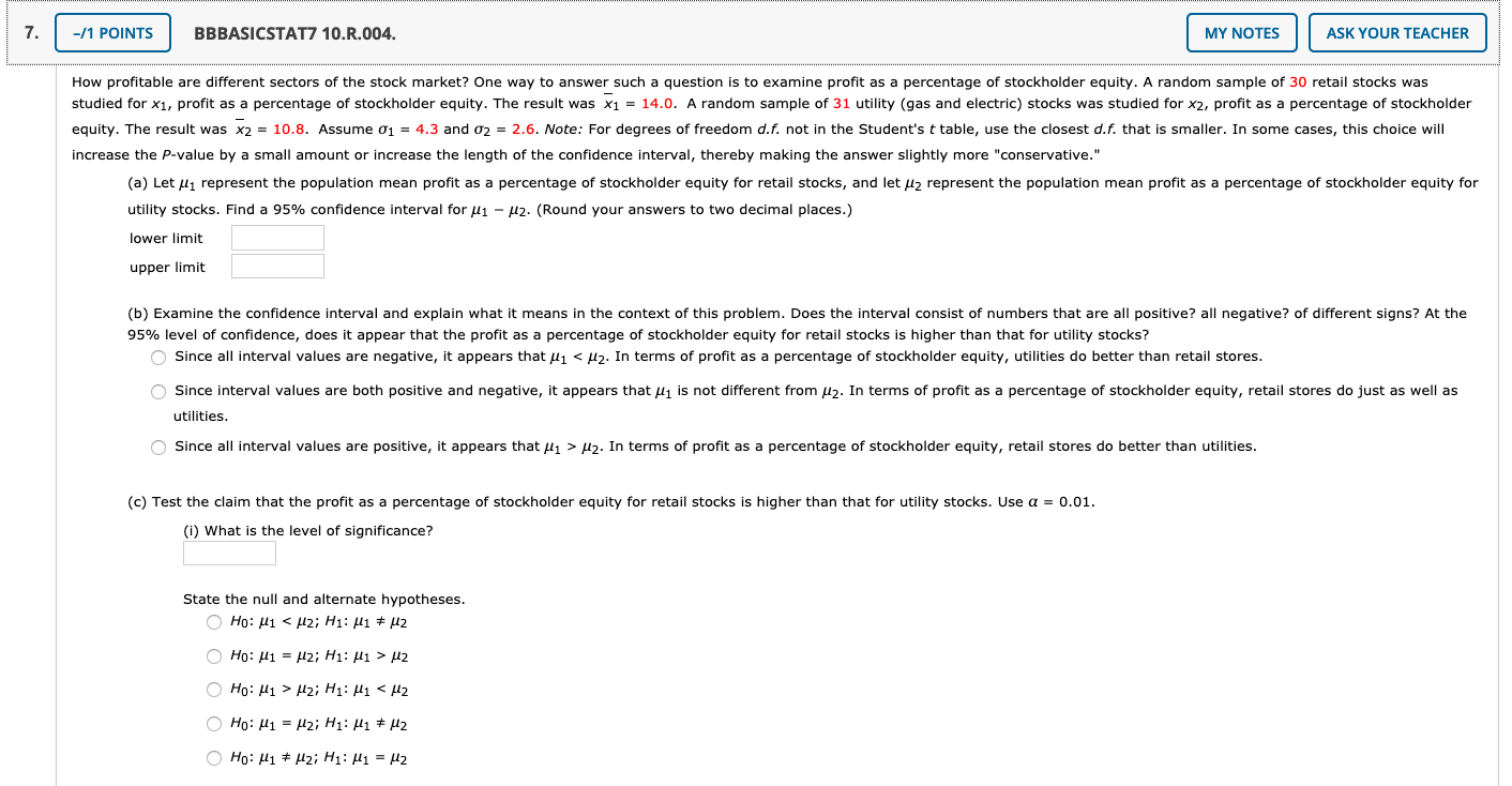  7 -/1 POINTS BBBASICSTAT7 10.R.004. MY NOTES ASK YOUR TEACHER How