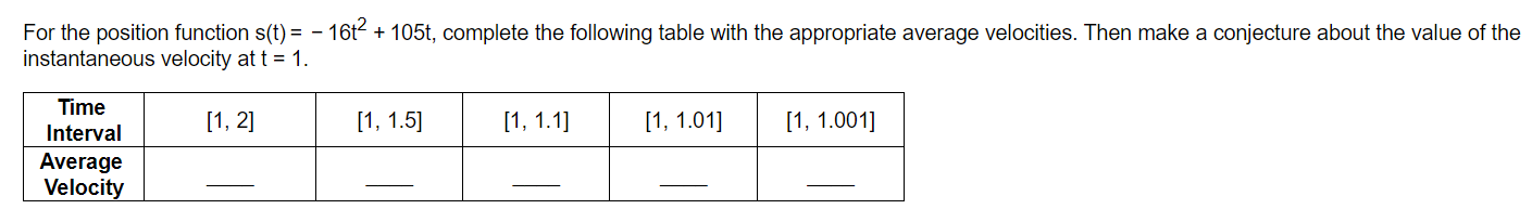  For the position function s(t) = - 16t + 105t, complete