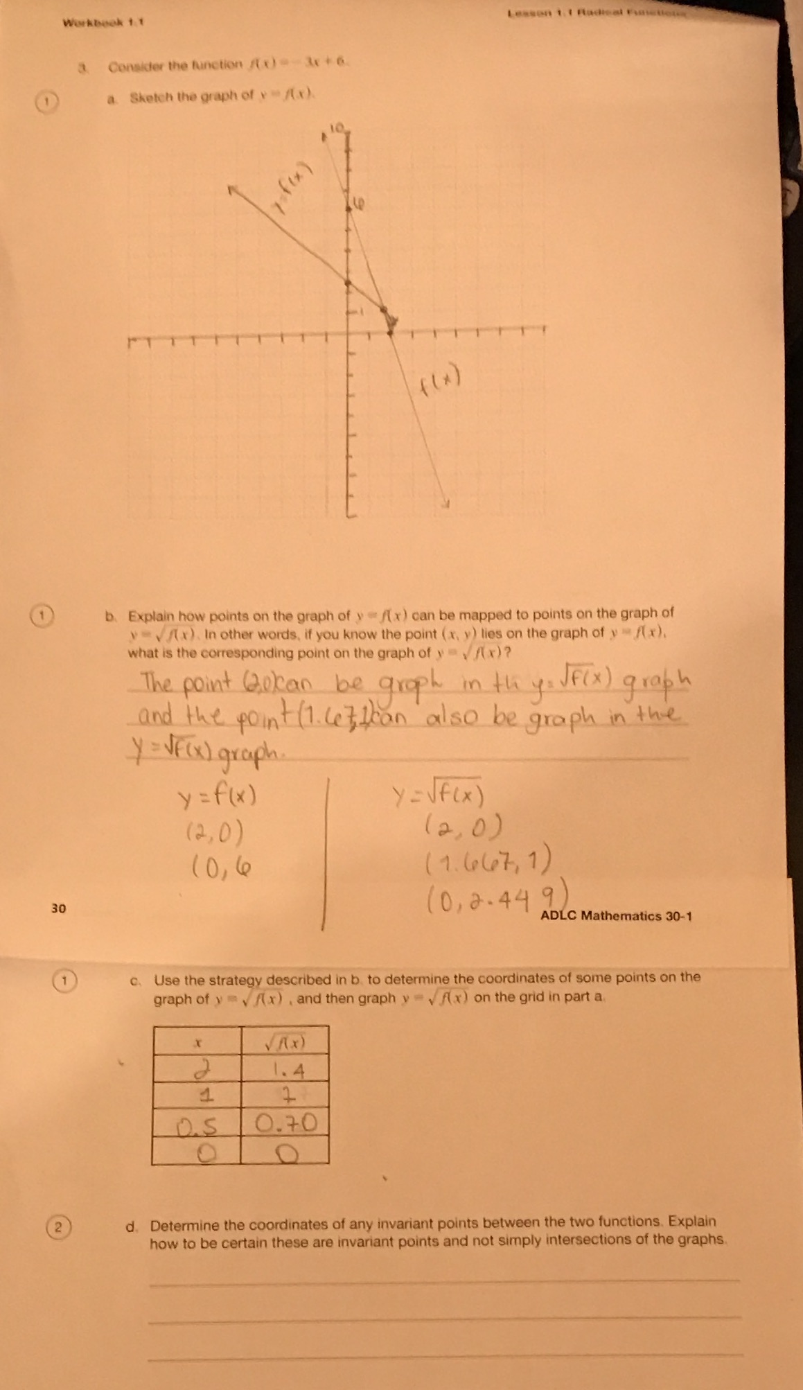 Math 30-1 RADICAL FUNCTIONSA. Consider the function f(x)=-3x+6 Sketch the graph of