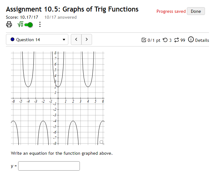 Midline: y =Assignment 10.5: Graphs of Trig Functions Progress saved Done Score: