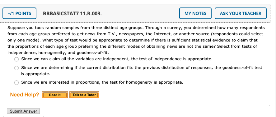  -/1 POINTS BBBASICSTAT7 11.R.003. MY NOTES ASK YOUR TEACHER Suppose you
