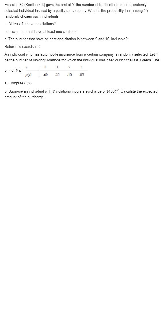 solve the question Exercise 30 (Section 3.3) gave the pmf of Y,