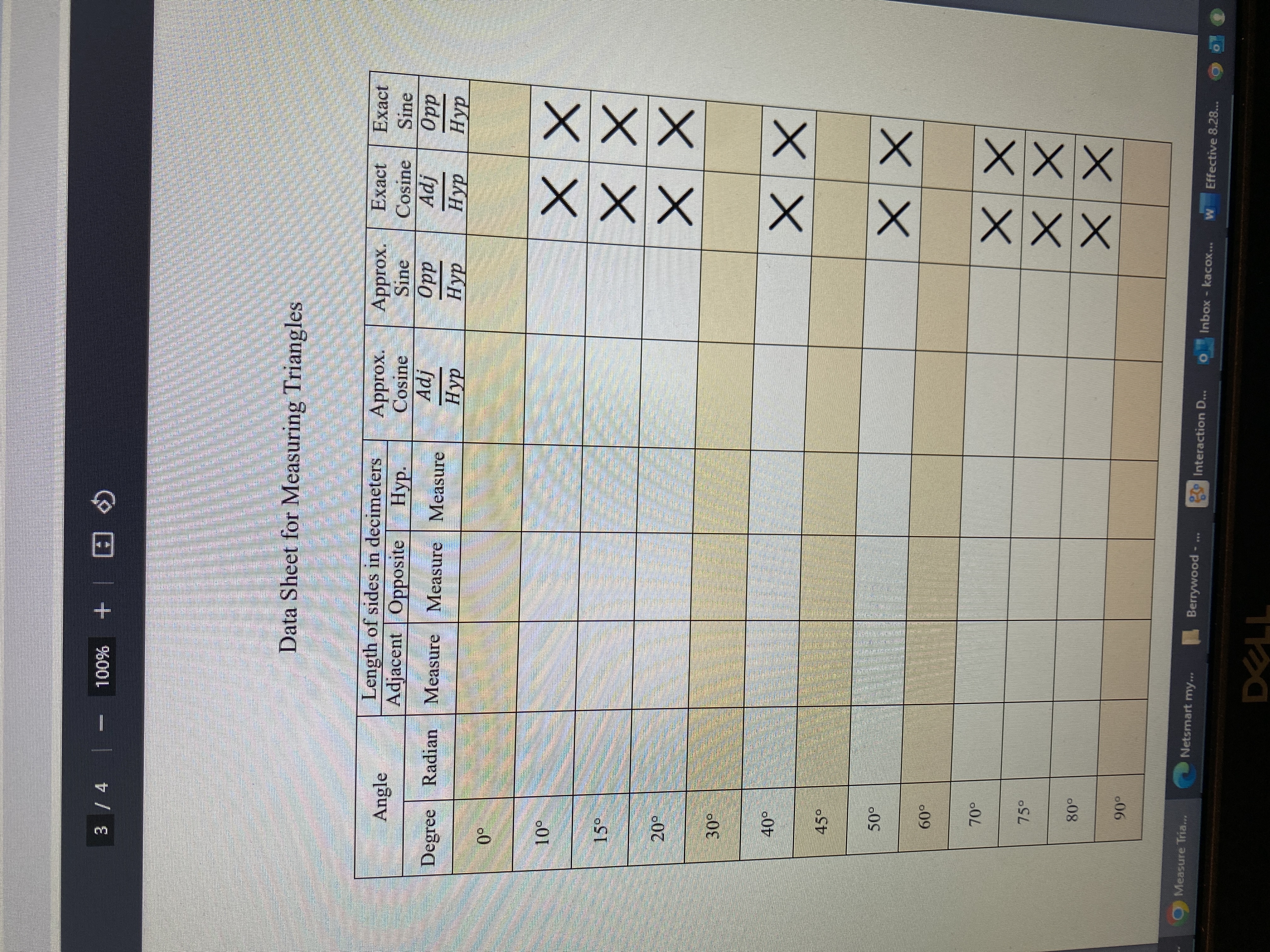 3 / 4 100% Data Sheet for Measuring Triangles Length of