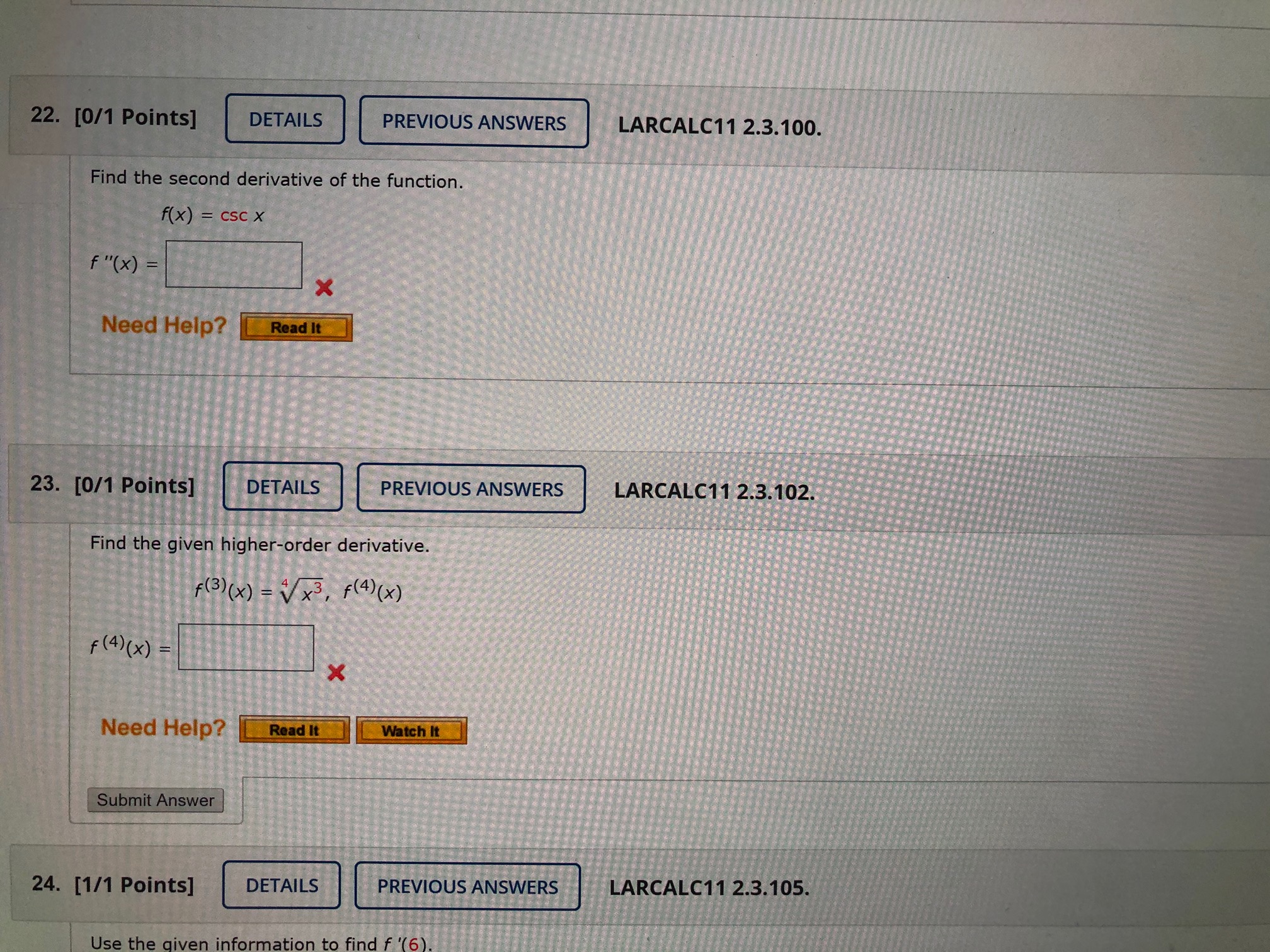 [0/1 Points] DETAILS PREVIOUS ANSWERS LARCALC11 2.3.032. Find the derivative of the