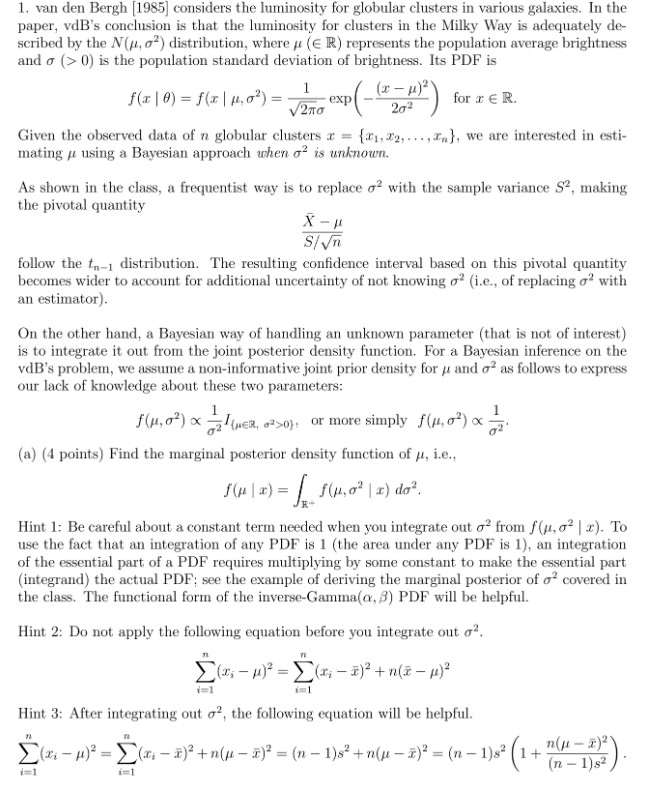 Please solve 1. van den Bergh [1985] considers the luminosity for globular
