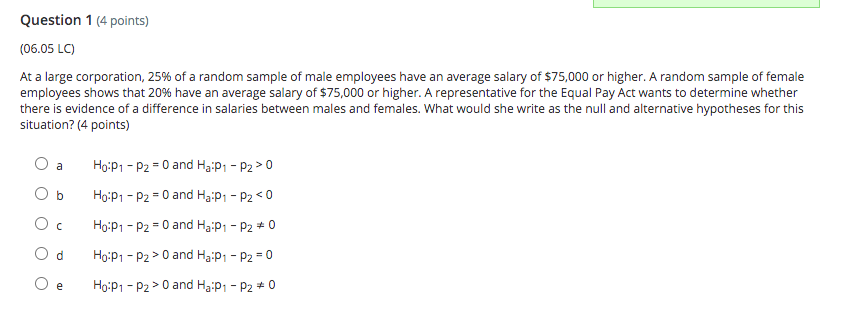 5 Ap Stats Multiple Choice Problem Question 1 (4 points) (06.05 LC)