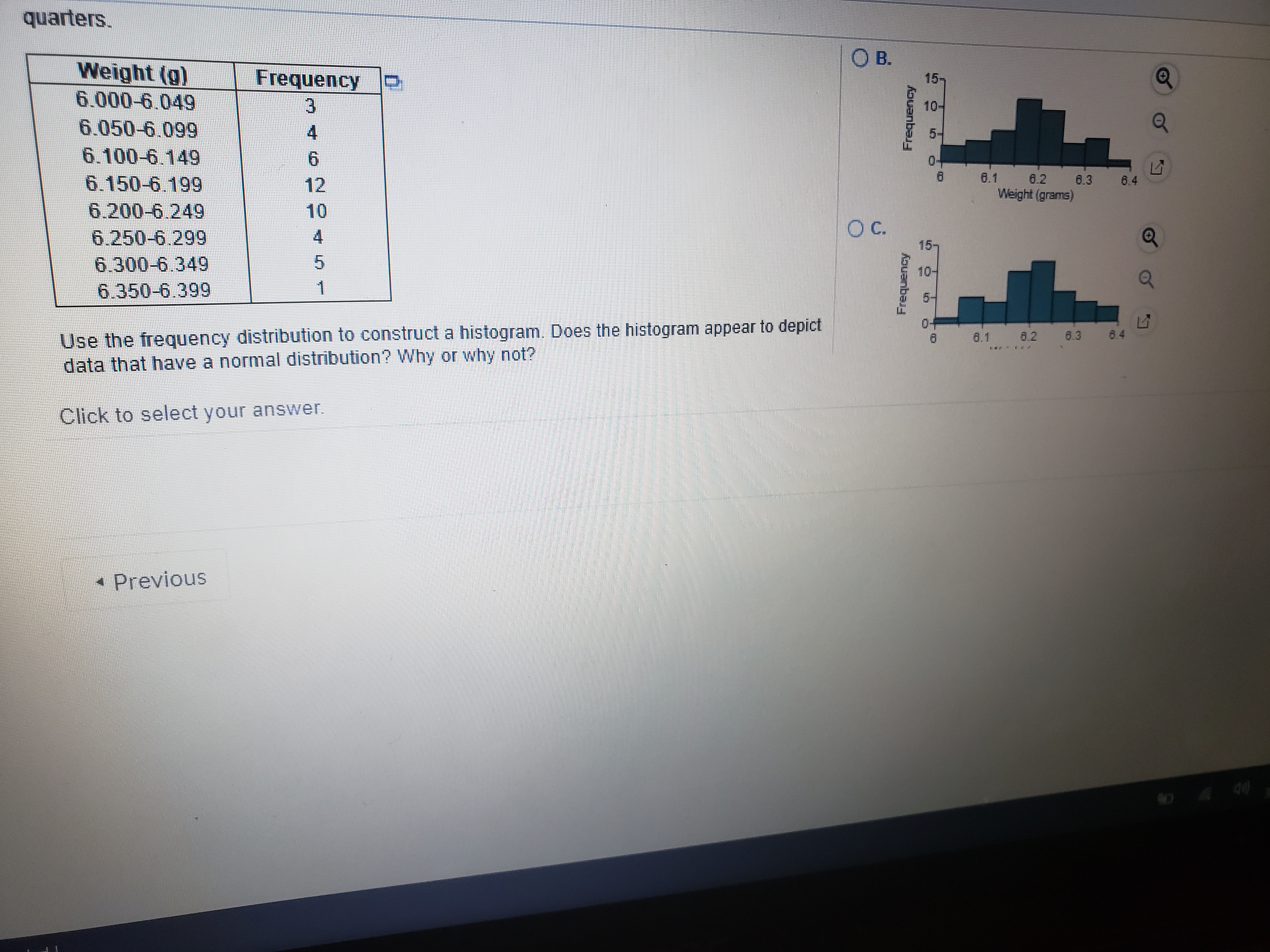 frequency distribution of the weights (in grams) of pre-1964 quarters. Choose the