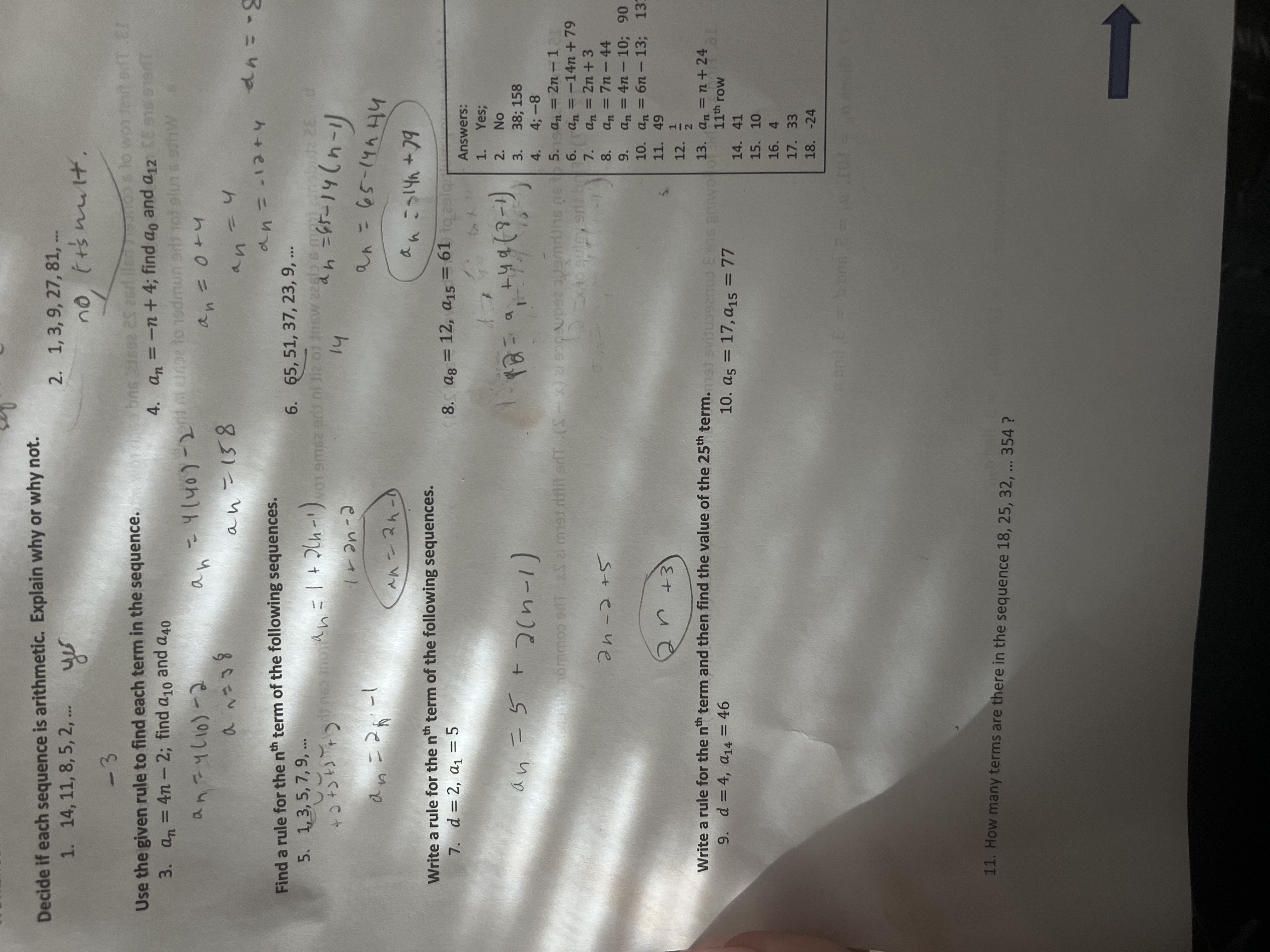  Decide if each sequence is arithmetic. Explain why or why not.