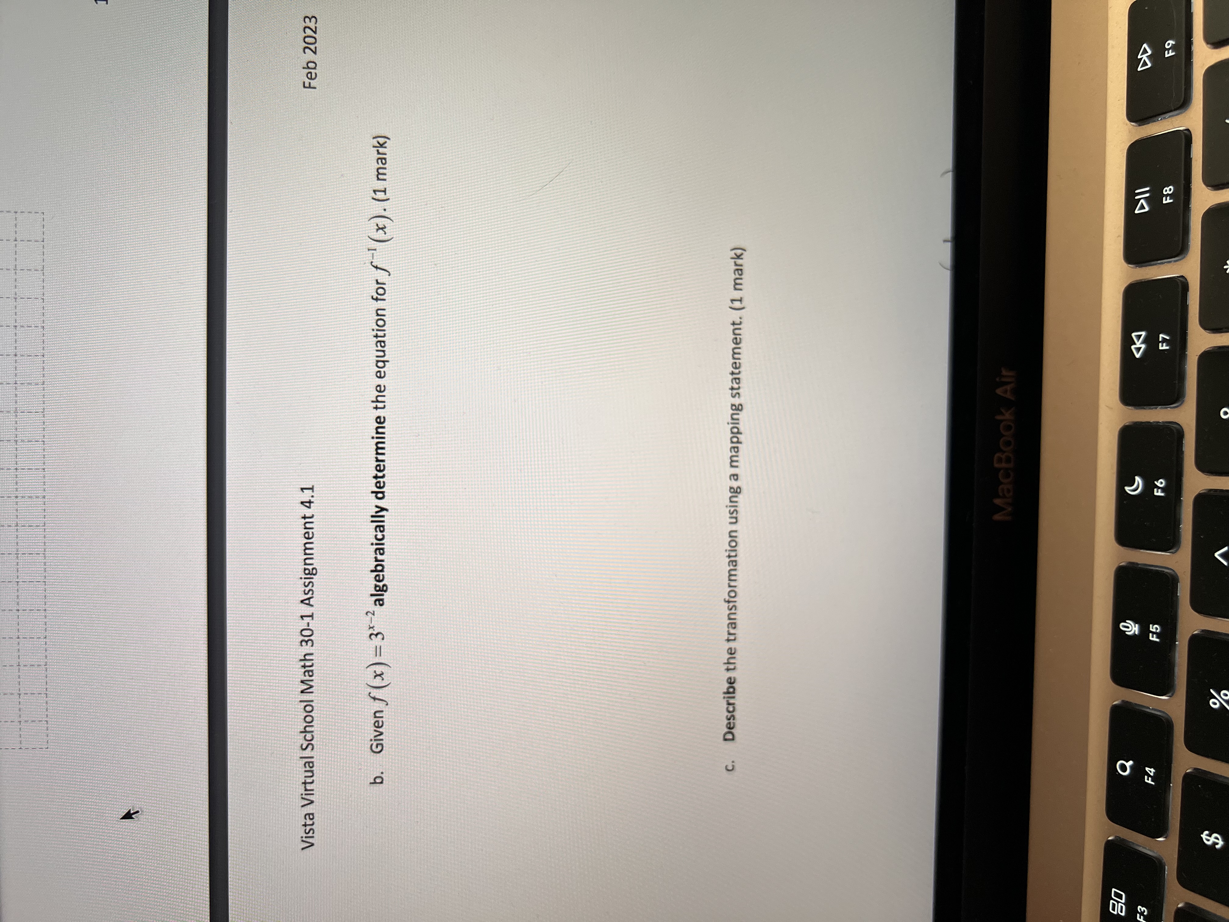 Feb 2023 Vista Virtual School Math 30-1 Assignment 4.1 b. Given