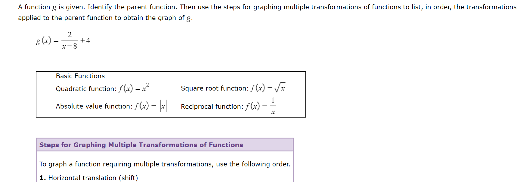 the transformations applied to the parent function to obtain the graph of