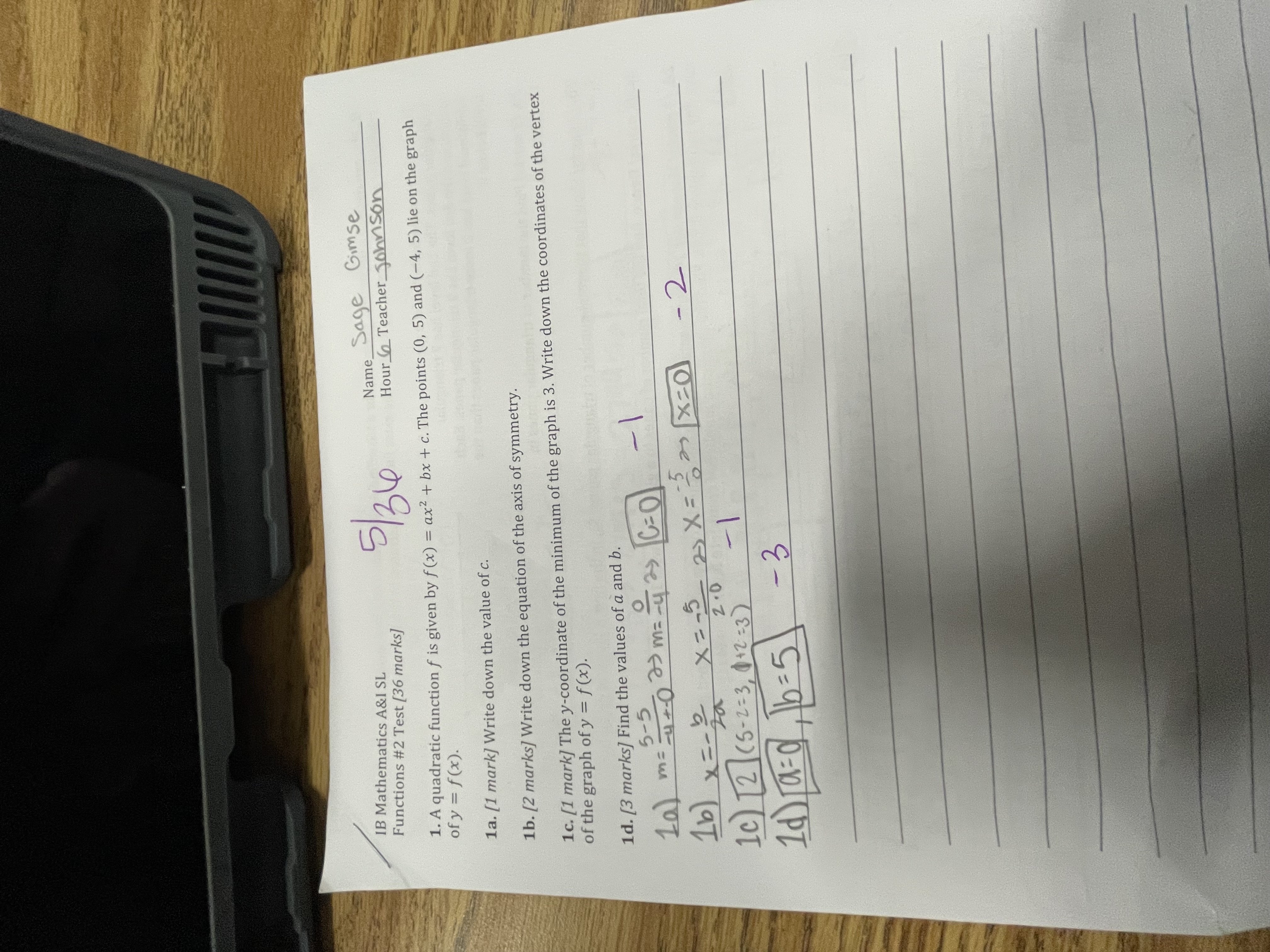  IB Mathematics A&I SL Functions #2 Test [36 marks] 5 /34