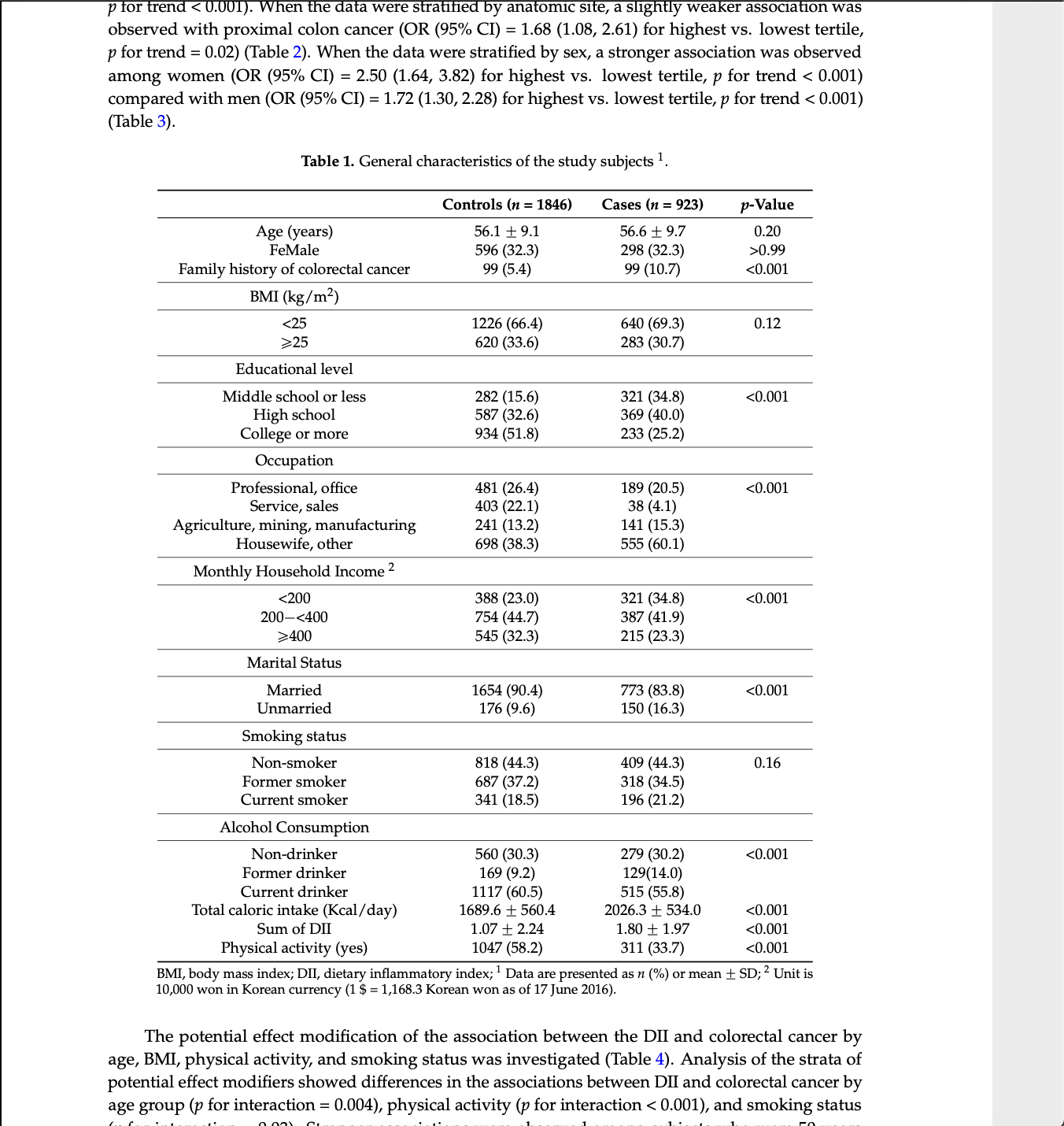 Given the values in Table 1, use an appropriate test to determine