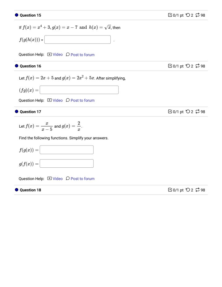 the values: f(x) = r' + 9r + 18 g(x) =1 +6