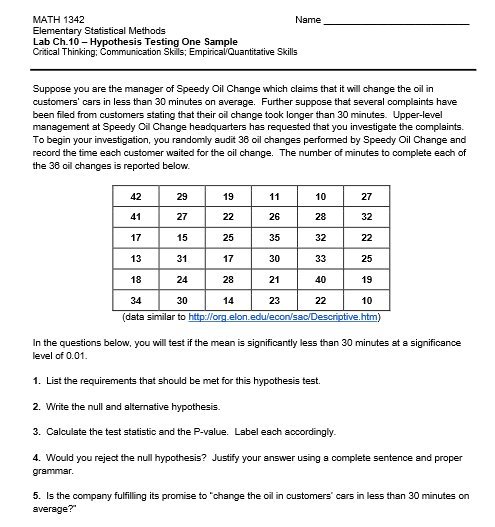  MATH 1342 Name Elementary Statistical Methods Lab Ch.10 - Hypothesis Testing