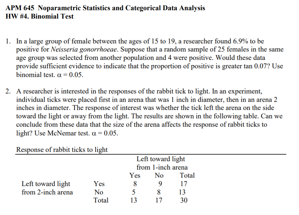 need answer with SAS code APM 645 Noparametric Statistics and Categorical Data