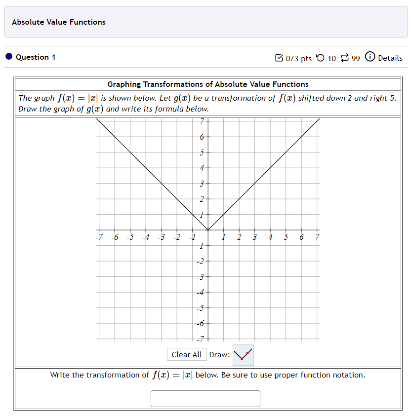 Absolute Value Functions @ Question 1 & 0/3pts 'O 10 2