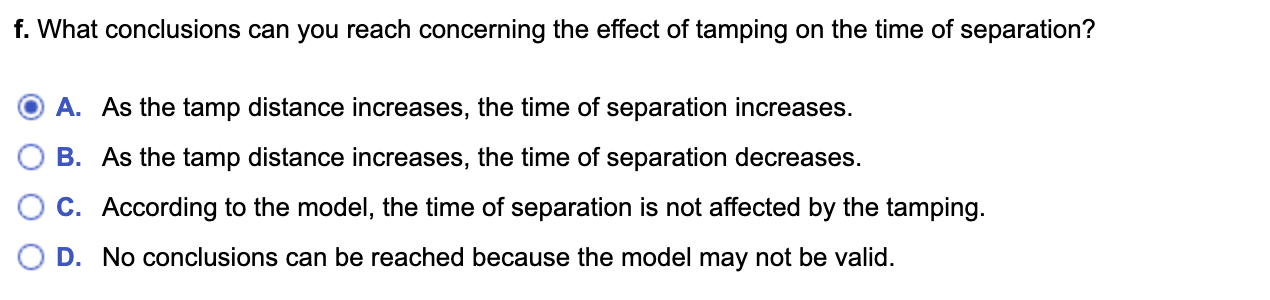 results of this experiment. The independent variable tamp measures the distance, in