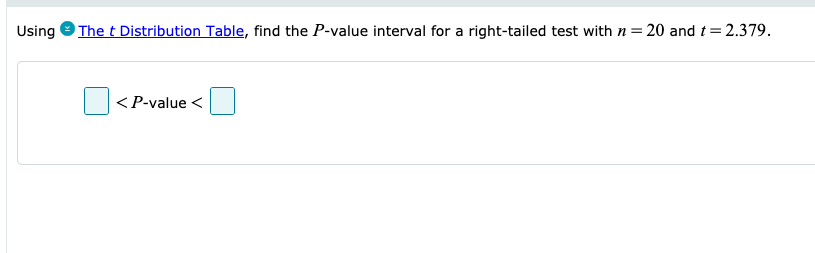 Using & The t Distribution Table, find the P-value interval for