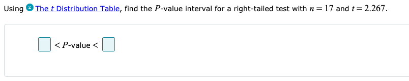 data https://static.aleks.com/aleks/resources/gibbs/9781259755330_TableF.pdf Using The t Distribution Table, nd the Pvalue interval for