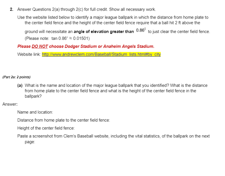 Its Inverse Angle of Elevation 30 points 1. Answer Questions 1(a) through