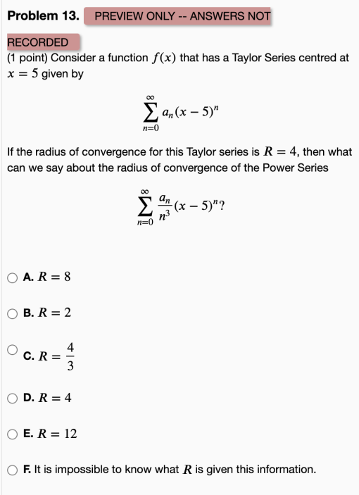 Problem 13. PREVIEW ONLY -- ANSWERS NOT RECORDED (1 point) Consider
