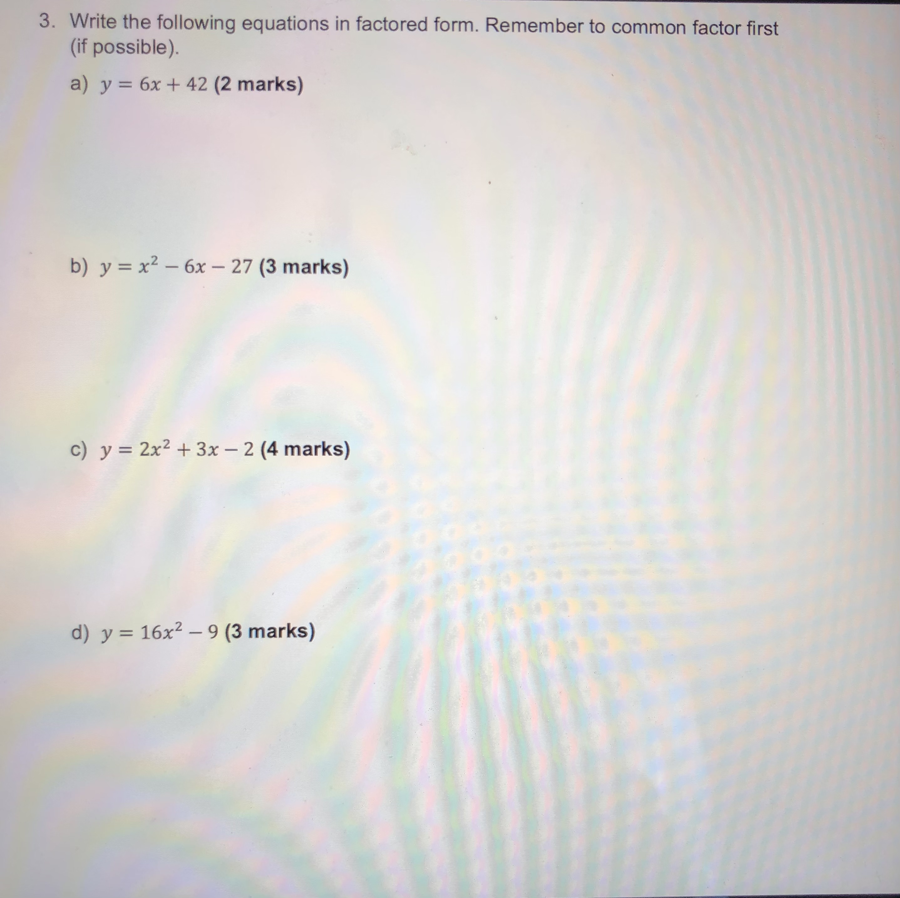 marks) Equation in y = x2 y = -(x+5)2-3 y = 3x2