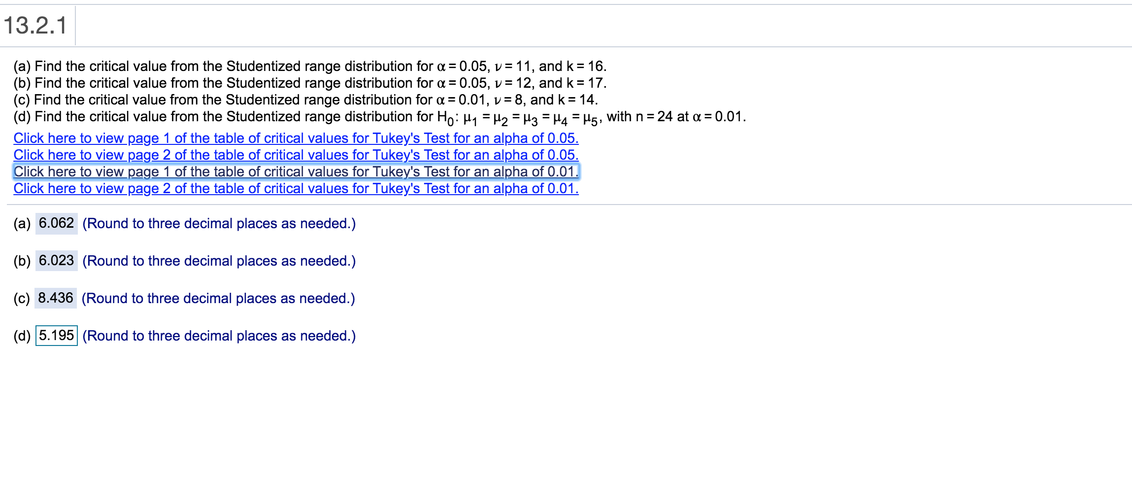 (d) Find the critical value from the Studentized range distribution for Upper