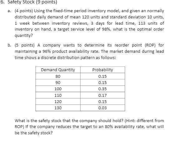  6. Safety Stock (9 points) a. (4 points) Using the fixed-time