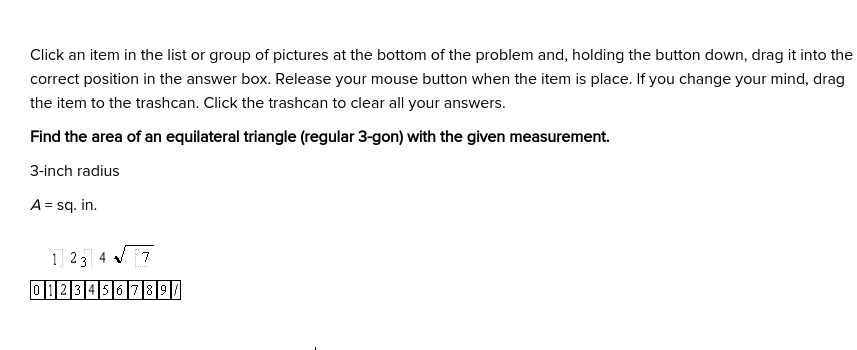 answers. Find the area of an equilateral tiangle (regular 3-gon} with the