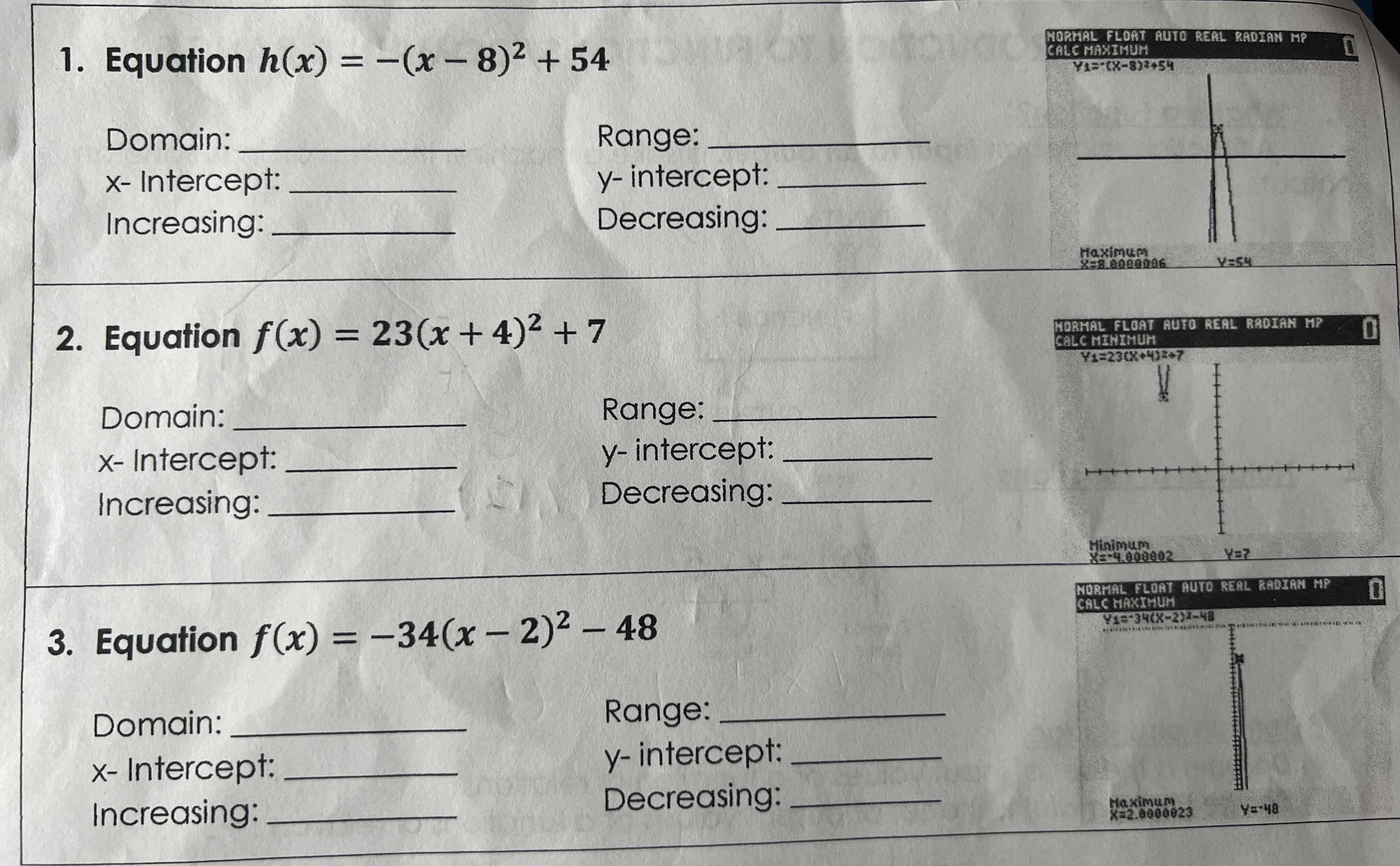  1. Equation h(x) = -(x -8)2 +54 NORMAL FLOAT AUTO REAL