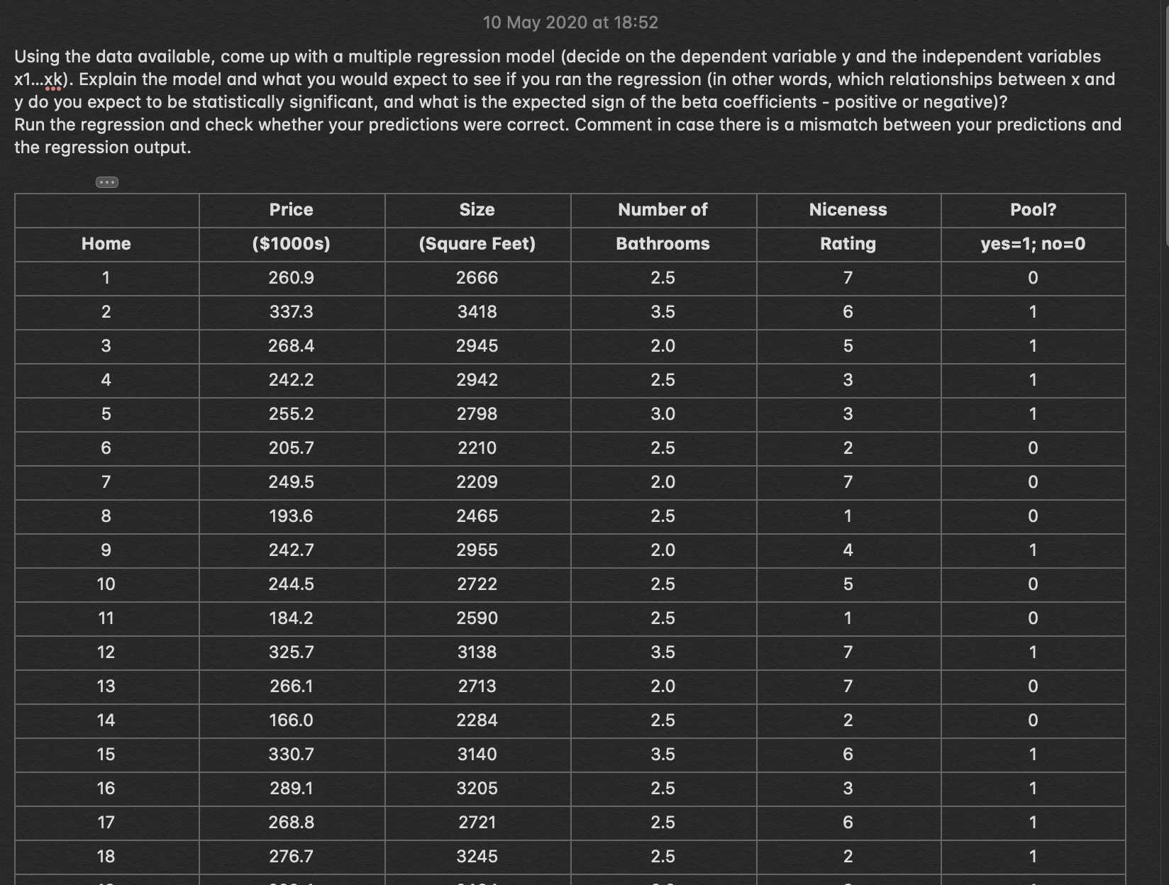 Using the data available, come up with a multiple regression model
