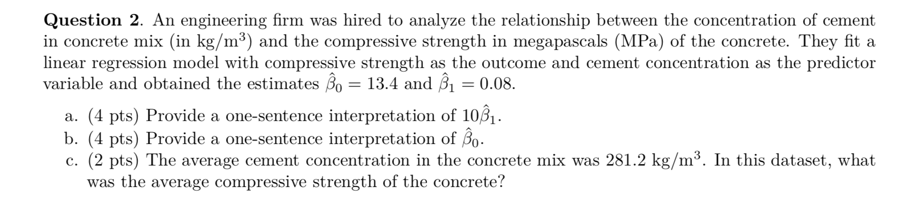 simple linear regression model with concentration of cement in concrete mix (in